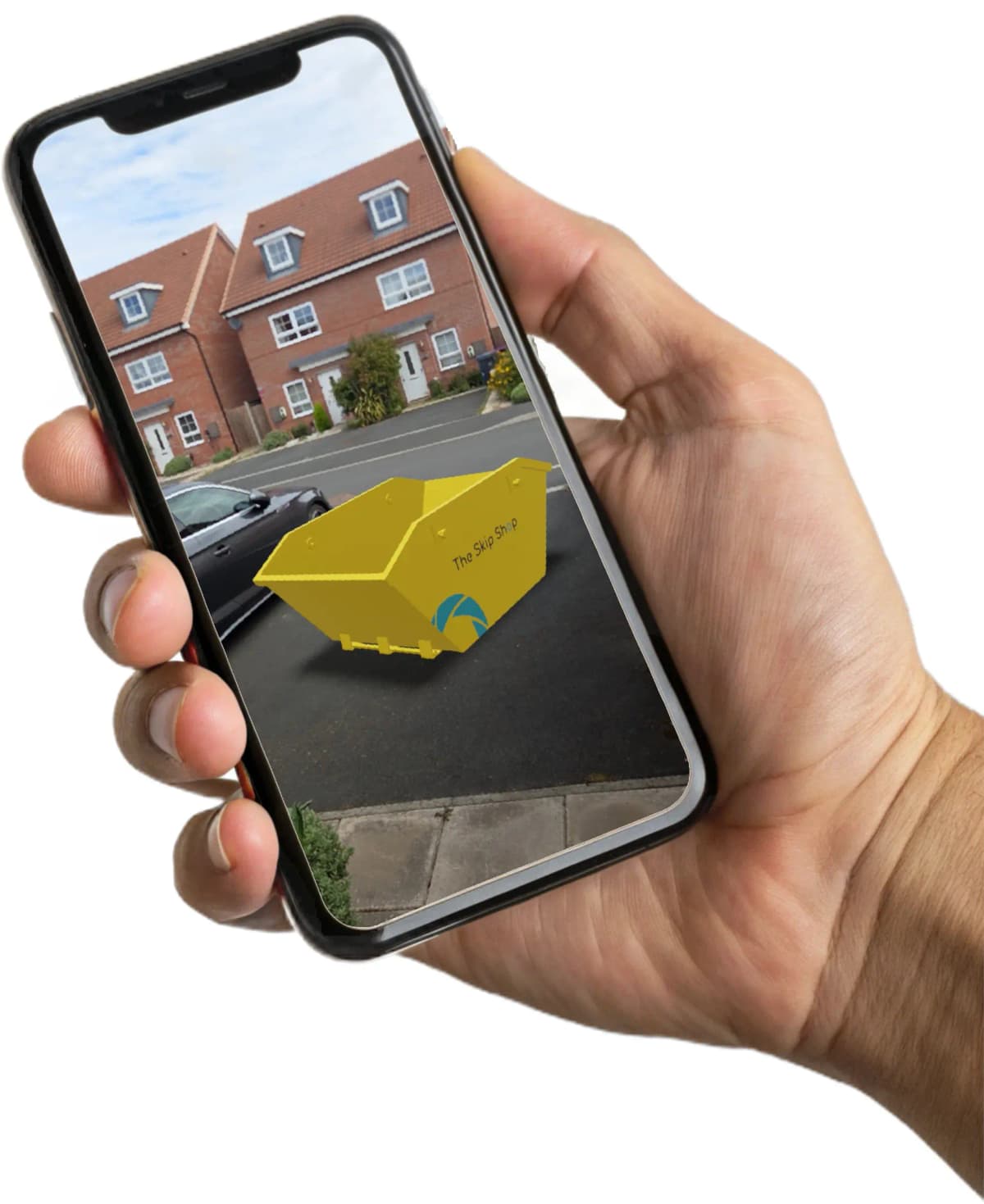 A skip placed in a driveway using augmented reality on a mobile phone